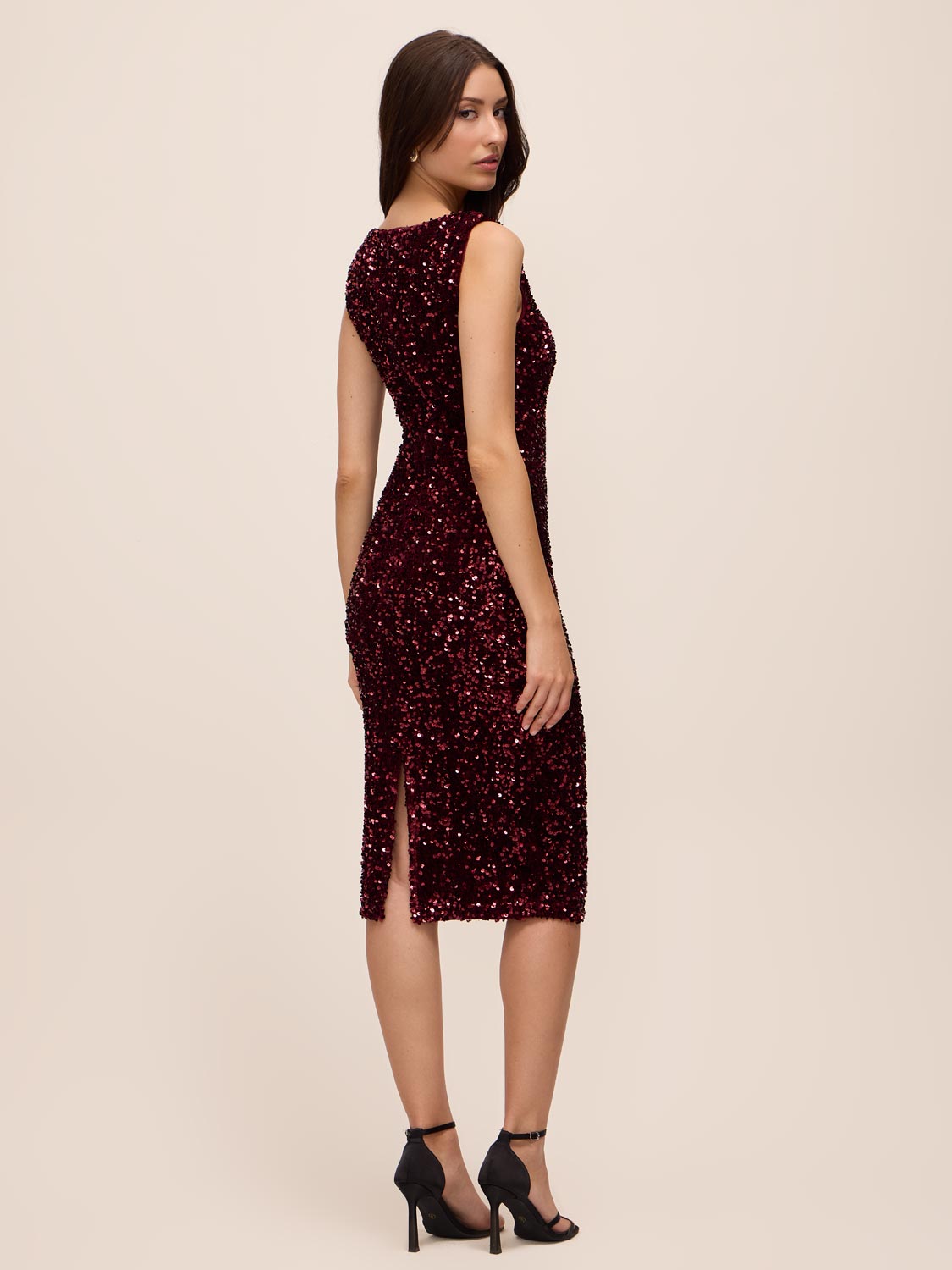 Burgundy Sequin Square Neck Sheath Dress - Back View - Le Chateau