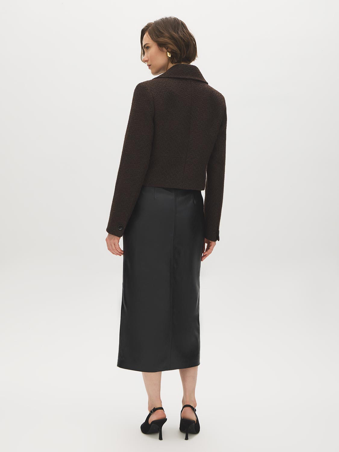 Brown Cropped Boucle Blazer with Large Collar - Back View - Suzy Shier
