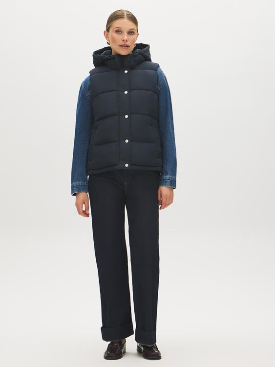 Navy Quilted Puffer Vest with Hood - Front View - Suzy Shier
