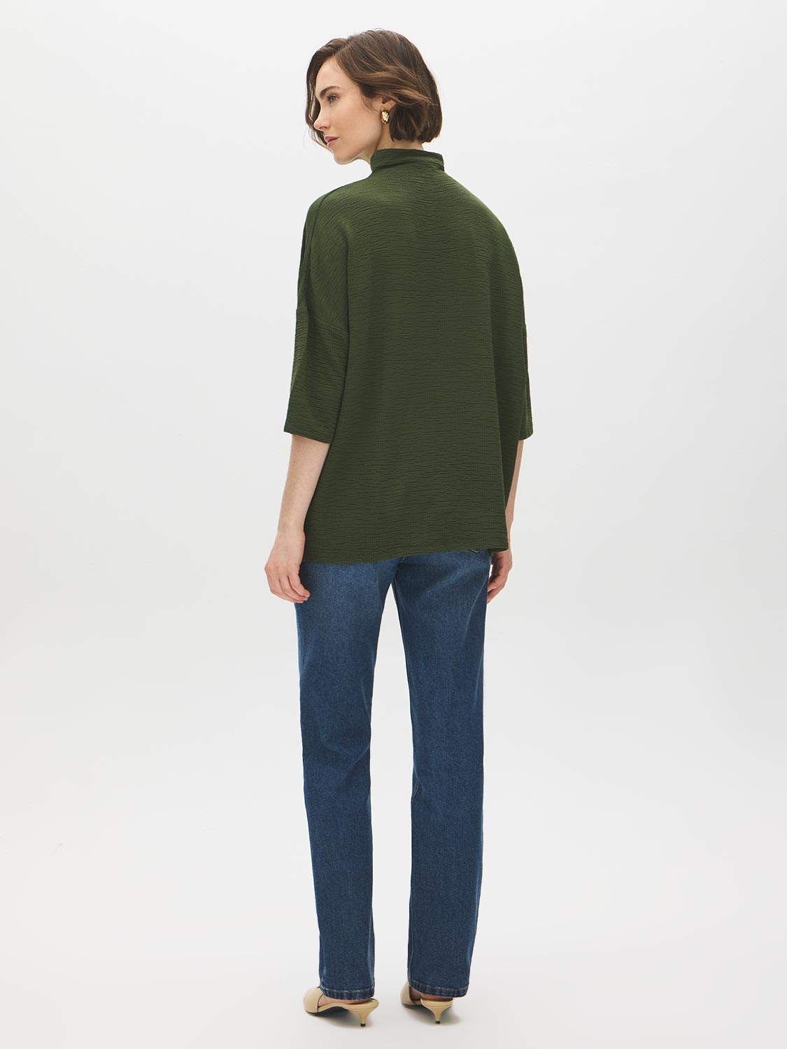 Deep Depths/Chive Textured Funnel Neck Boxy Tee - Back View - Suzy Shier