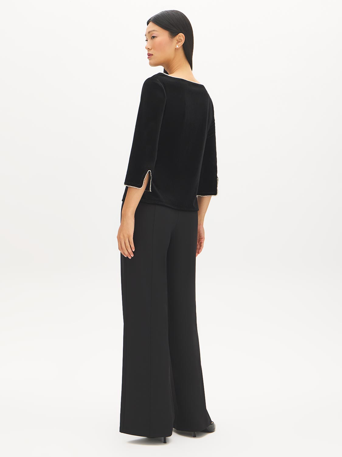 Jet Black Rhinestone Detail Velvet Boat Neck Top - Back View - Suzy Shier