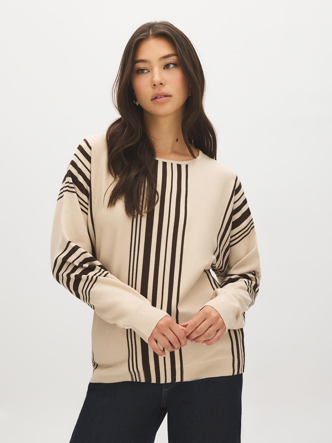 Sandy Heather Dolman Sleeve Crew Neck Sweater - Woman Wearing Relaxed Fit Knit - Suzy Shier