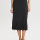 Black Lace Trim Satin Bias Column Skirt - Close-up Lace Hem Detail - Suzy Shier
