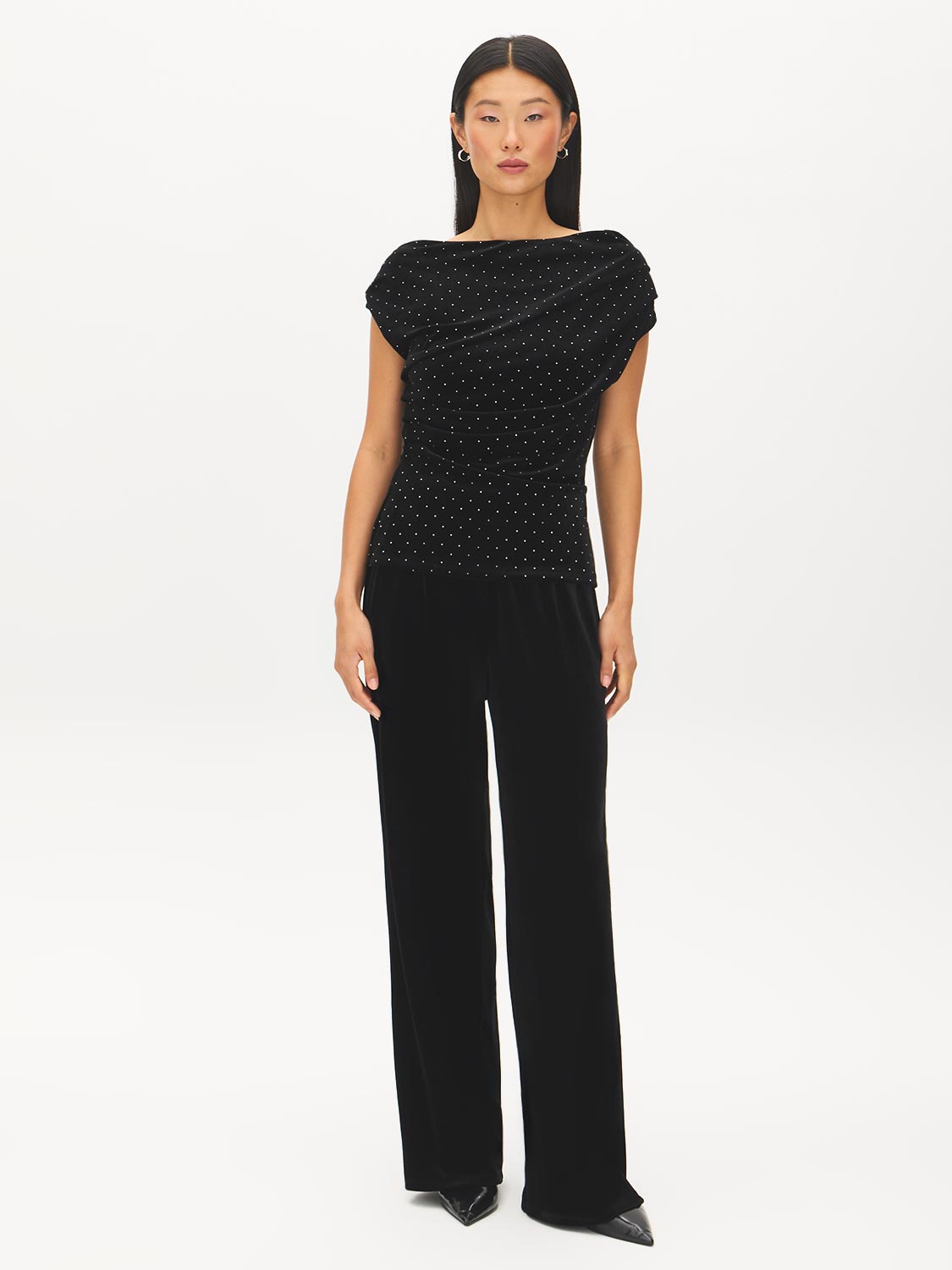 Jet Black Asymmetrical Velvet Top with Rhinestones - Front View - Suzy Shier