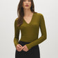 Guacamole Ribbed Deep V-Neck Long Sleeve Top - Woman Wearing Stretch Jersey Top - Suzy Shier