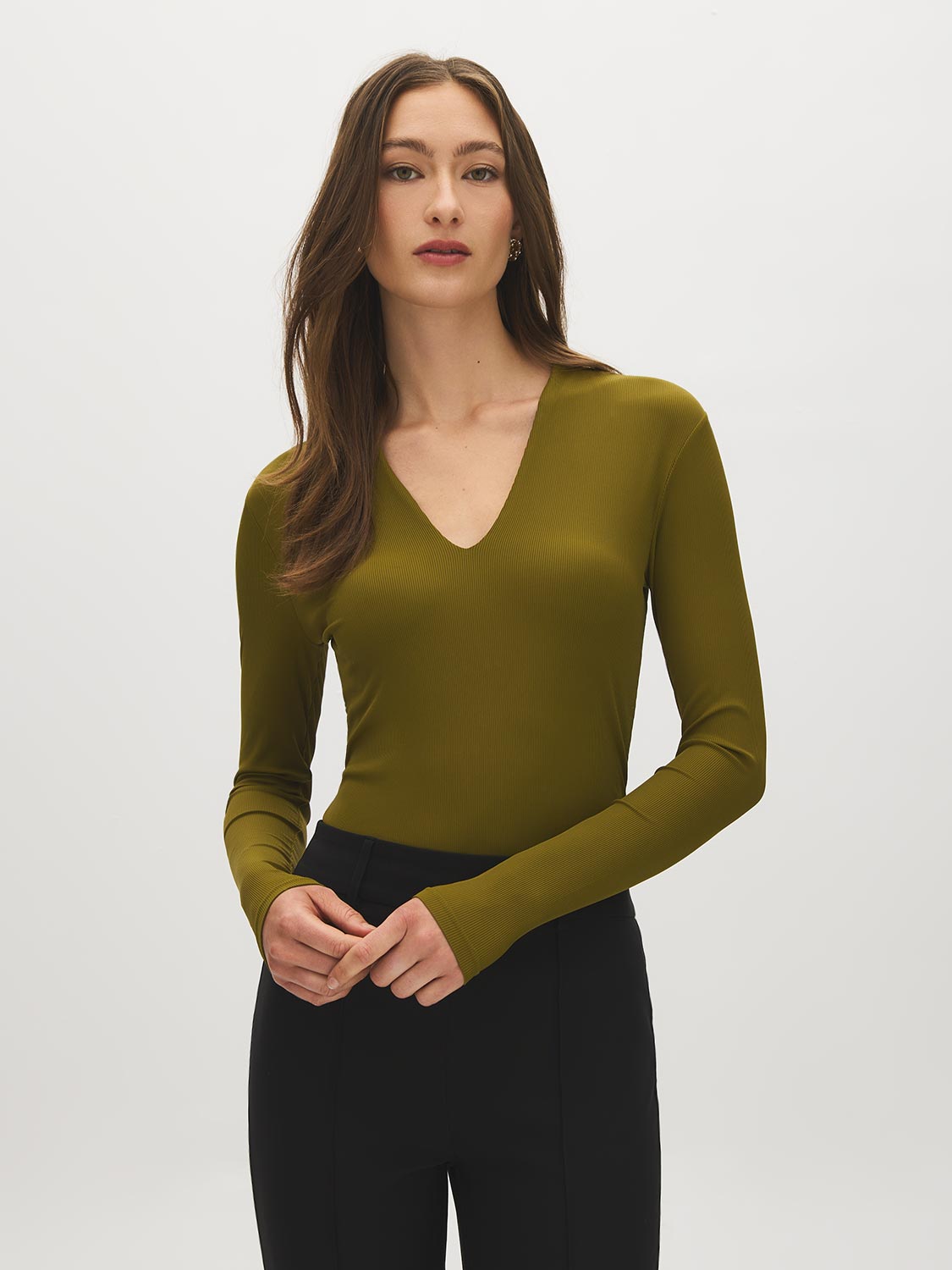 Guacamole Ribbed Deep V-Neck Long Sleeve Top - Woman Wearing Stretch Jersey Top - Suzy Shier