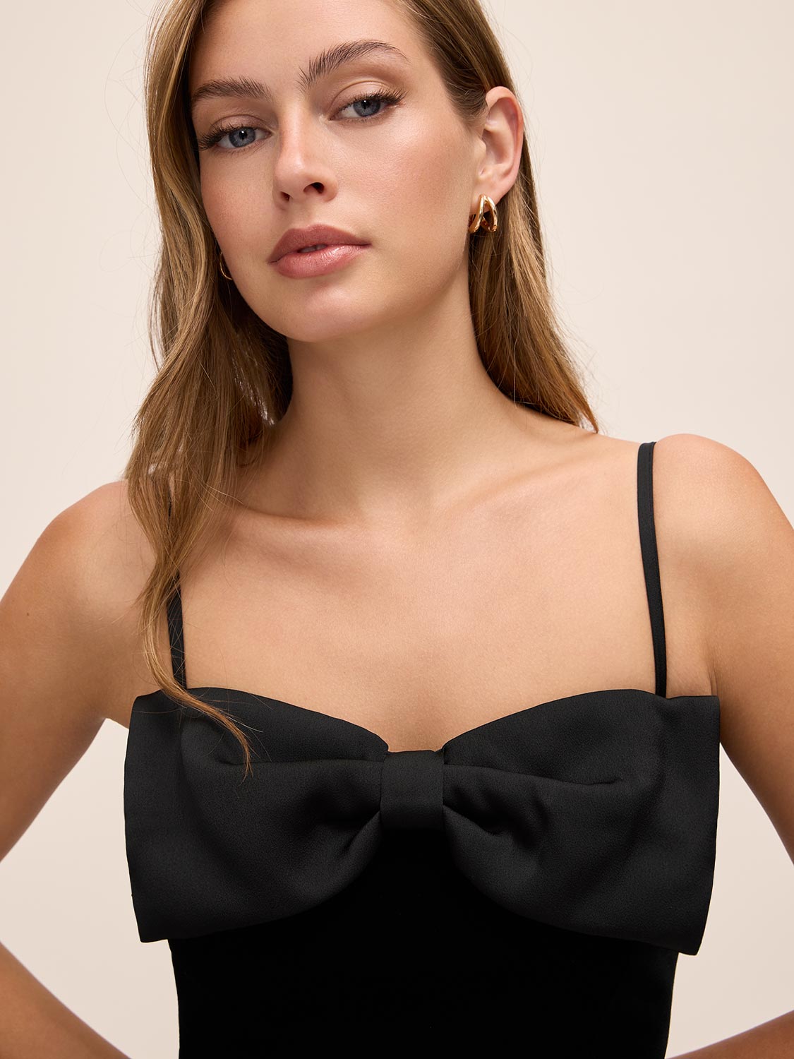 Black Velour Gown with Satin Bow - Close-up Bow Detail - Le Chateau