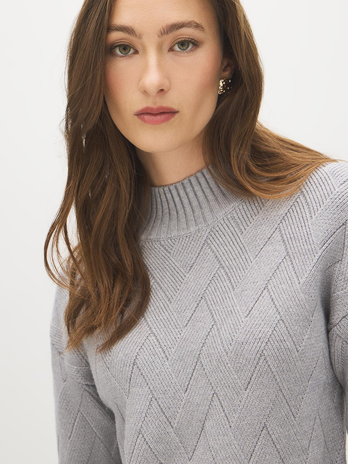 Cloud Gray Diagonal Stitch Mock Neck Sweater - Close-up Fabric Detail - Suzy Shier