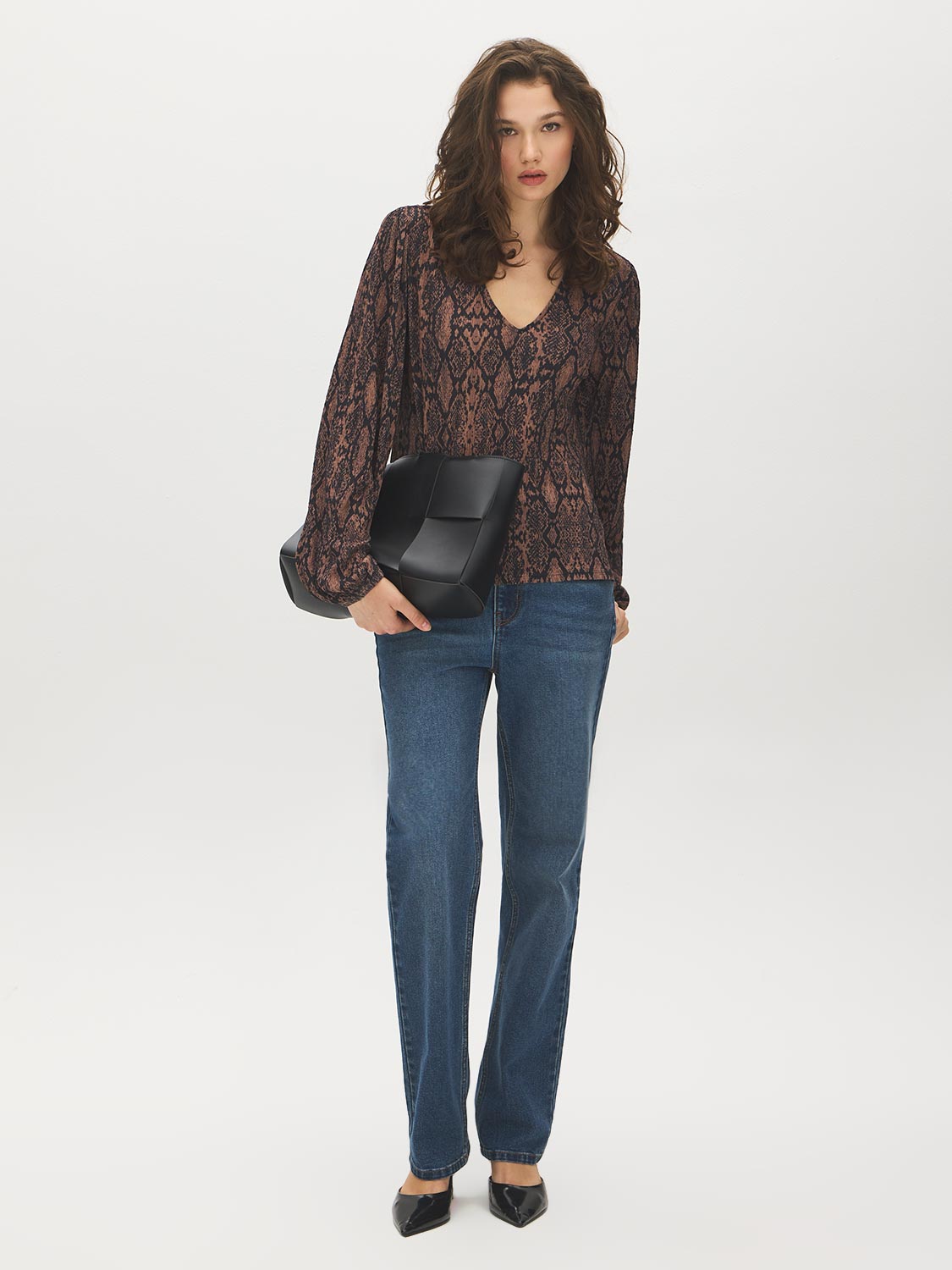 Black Snake Print Balloon Sleeve Top - Front View - Suzy Shier