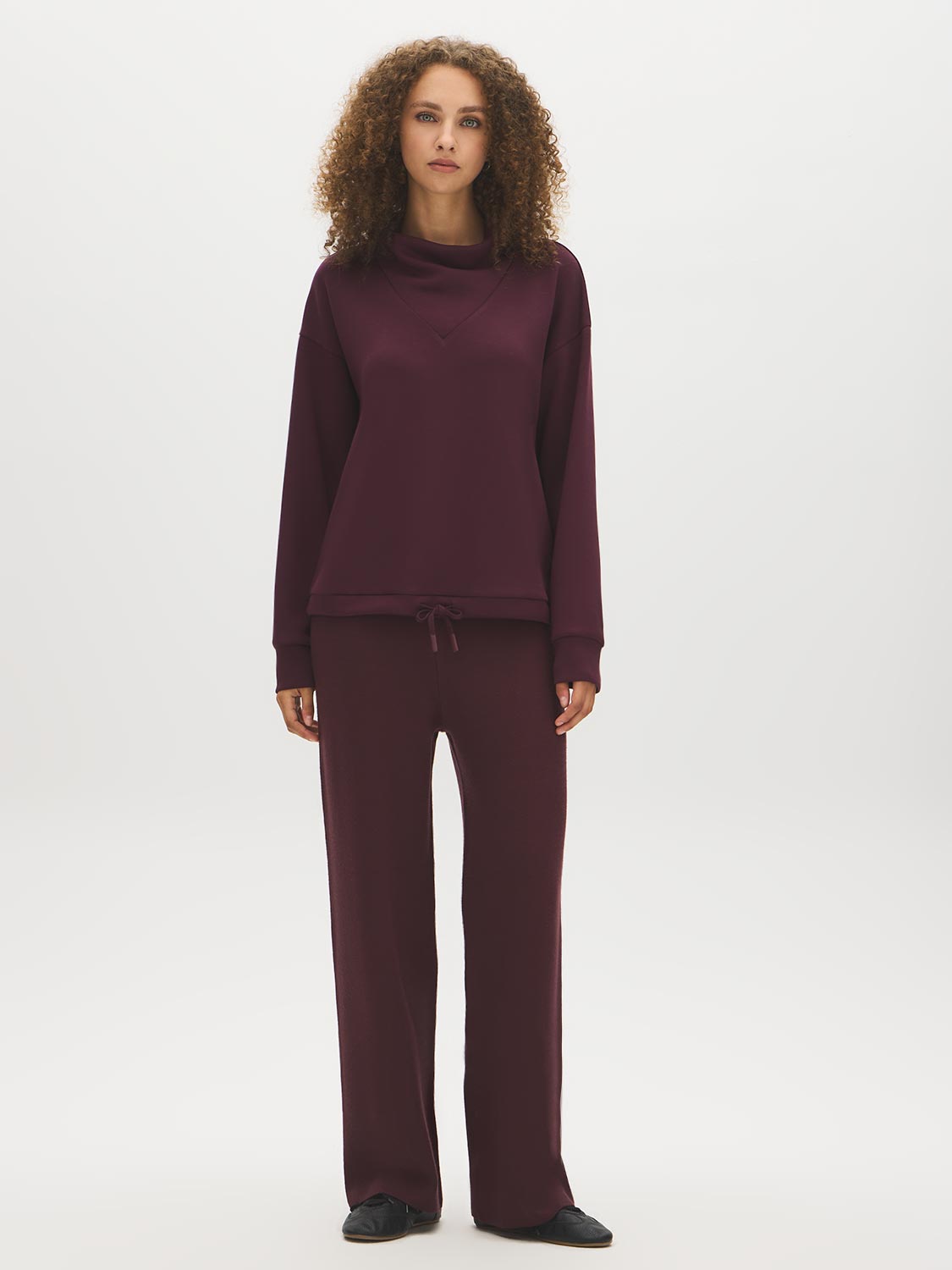 Winetasting Boxy Cowl Neck Fleece Top - Front View - Suzy Shier