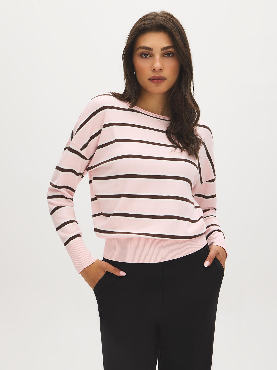 Striped Dolman Sleeve Knit Sweater - Front View - Suzy Shier