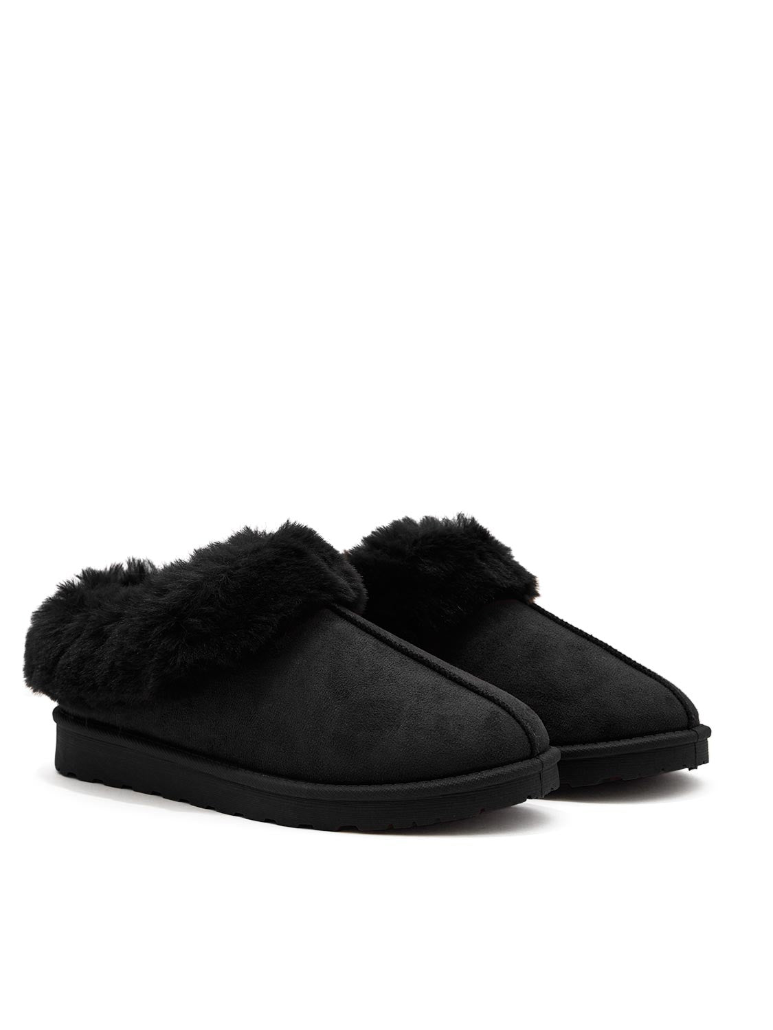 Black Faux Suede Slippers with Faux Fur Insole - Side Profile View - Suzy Shier