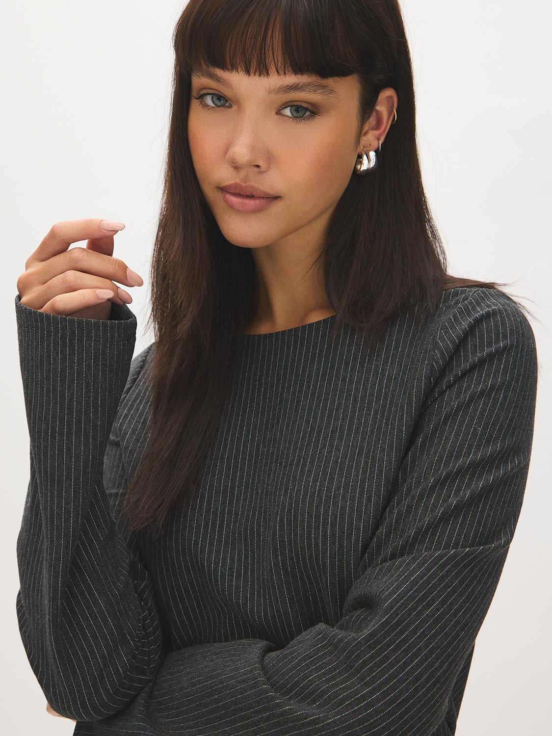 Charcoal and White Striped Jacquard Fitted Top - Close-up Fabric Detail - Suzy Shier
