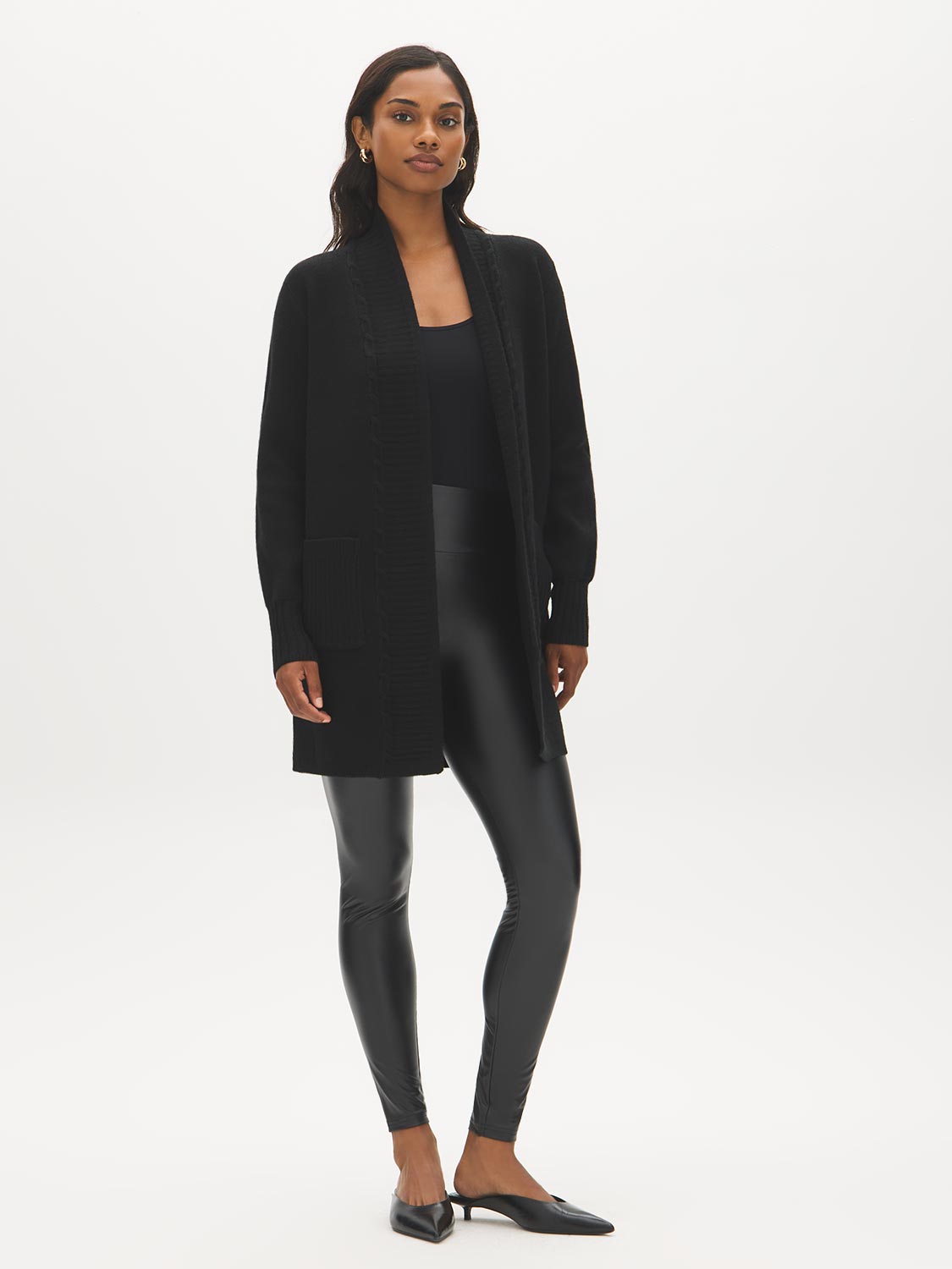 Black Faux Leather Wide Waistband Leggings - Woman Wearing Sleek Pull-On Leggings - Suzy Shier