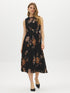 Jet Black Floral Pleated Sleeveless Dress - Woman Wearing Belted Midi Dress - Suzy Shier