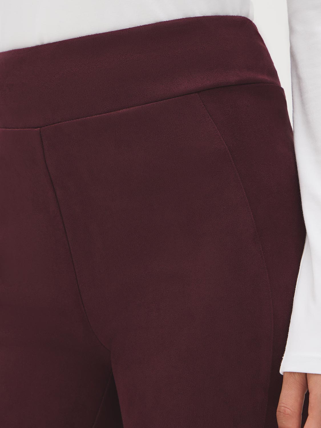 Winetasting Faux Suede Slim Leg Pull-On Pant - Close-up Fabric Detail - Suzy Shier