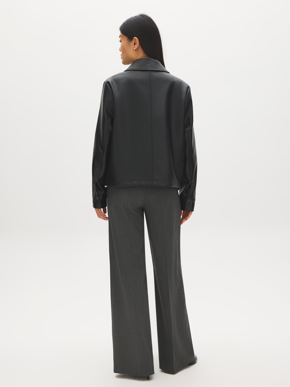 Black Oversized Faux Leather Utility Jacket - Back View - Suzy Shier