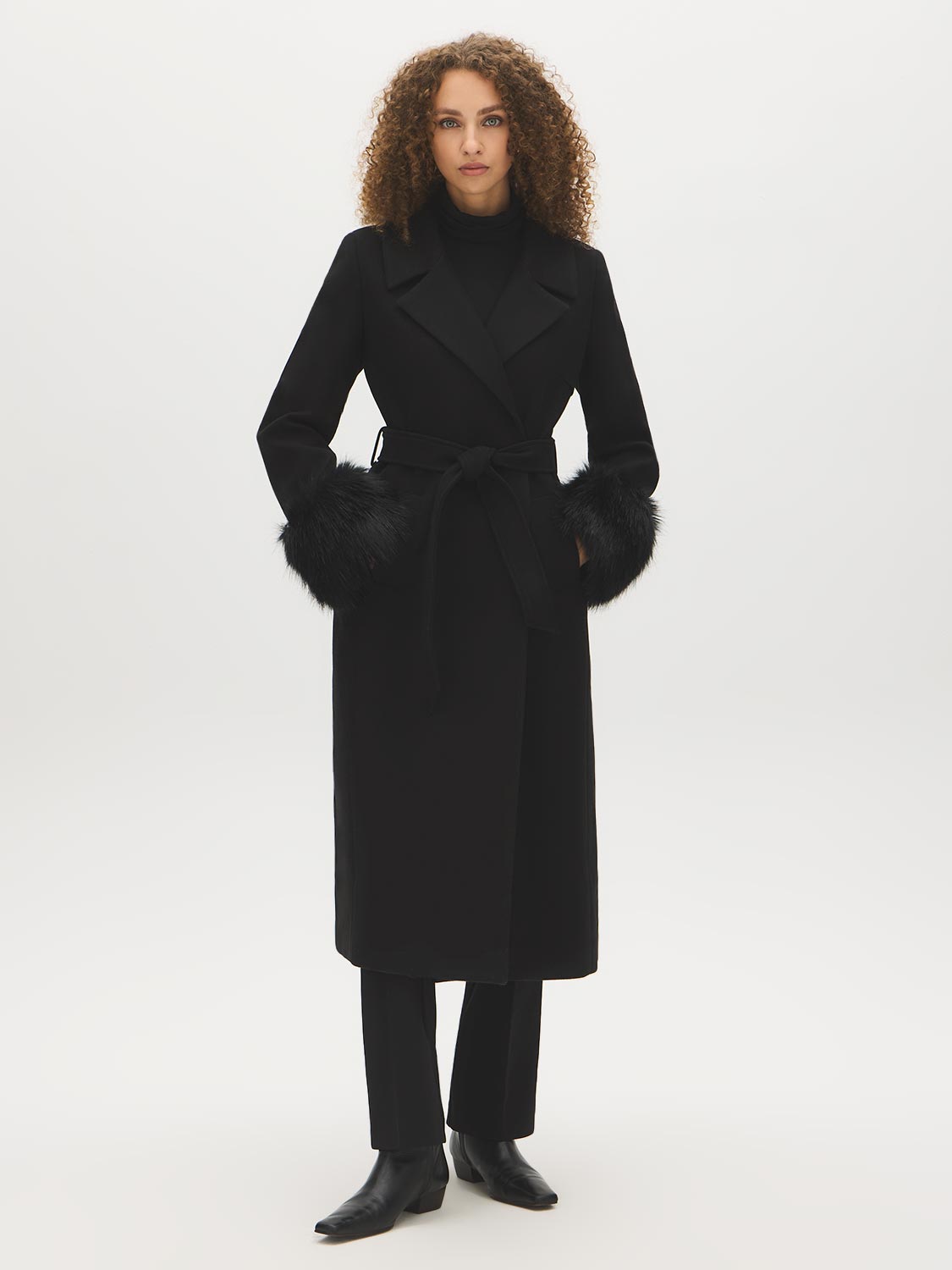 Dark Brown Melange Long Belted Faux Wool Coat - Front View - Suzy Shier