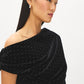 Jet Black Asymmetrical Velvet Top with Rhinestones - Close-up Fabric Detail - Suzy Shier