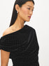 Jet Black Asymmetrical Velvet Top with Rhinestones - Close-up Fabric Detail - Suzy Shier