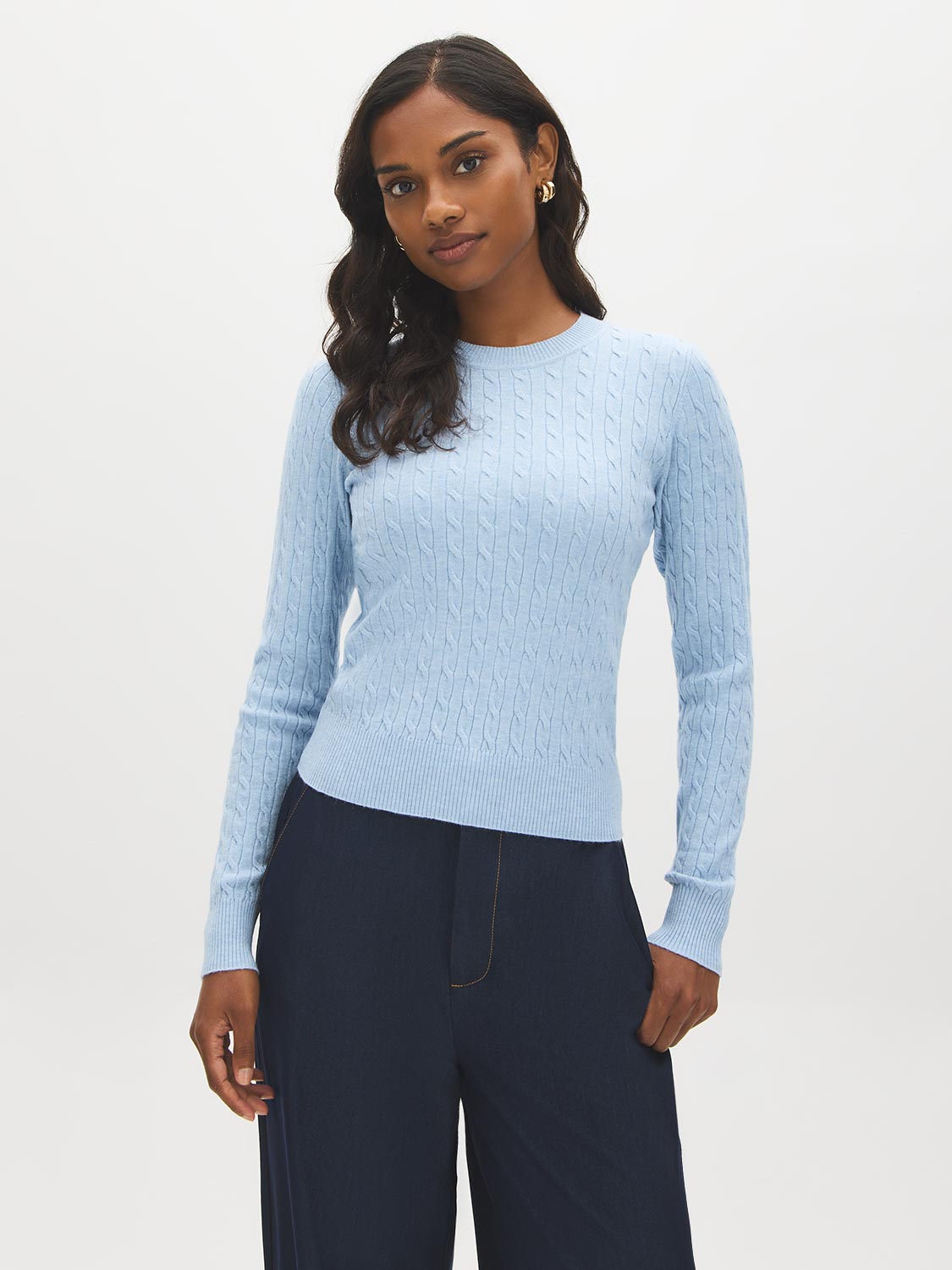 Ice Melange Cable Knit Crew Neck Sweater - Woman Wearing Textured Knit Sweater - Suzy Shier