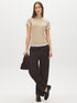 Coffee Bean and White Double Layer Crew Neck Top - Full Body Front View - Suzy Shier
