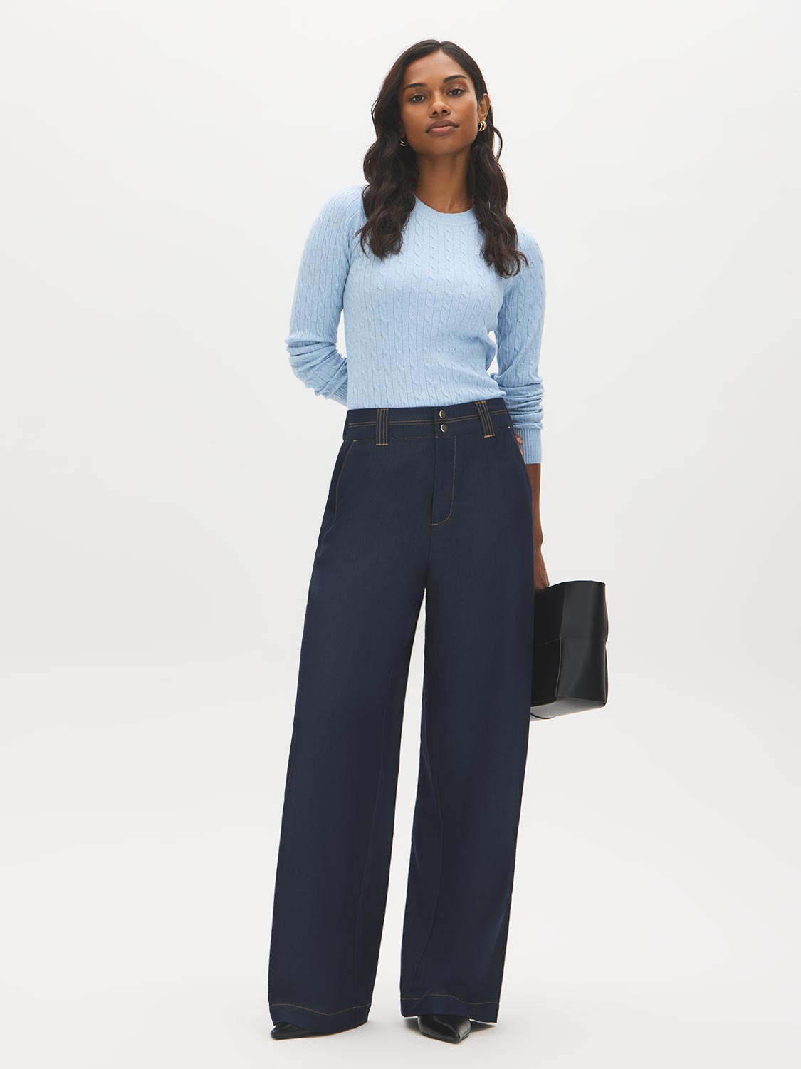 Indigo Wash High-Rise Wide Leg Trousers - Woman Wearing Fluid Denim-Like Pants - Suzy Shier