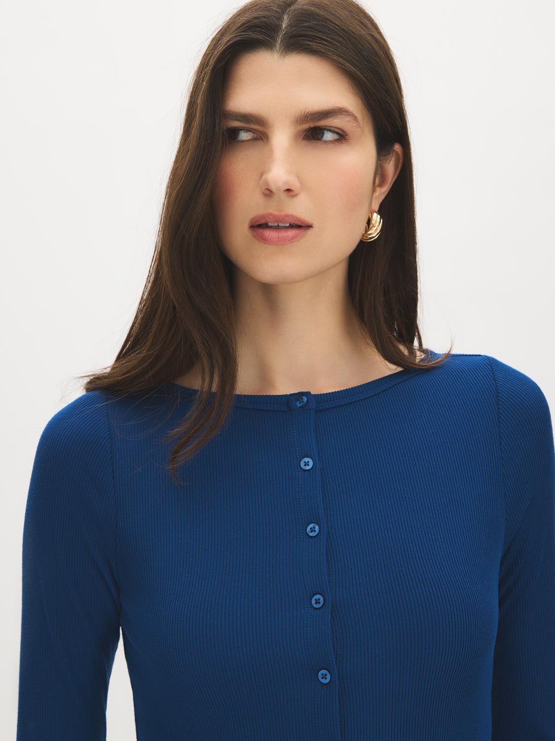 Estate Blue Ribbed Boat Neck Top with Button Front - Close-up Button Detail - Suzy Shier