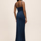 Midnight Blue Stretch Satin Gown with Bustier Upper - Back View - Le Chateau