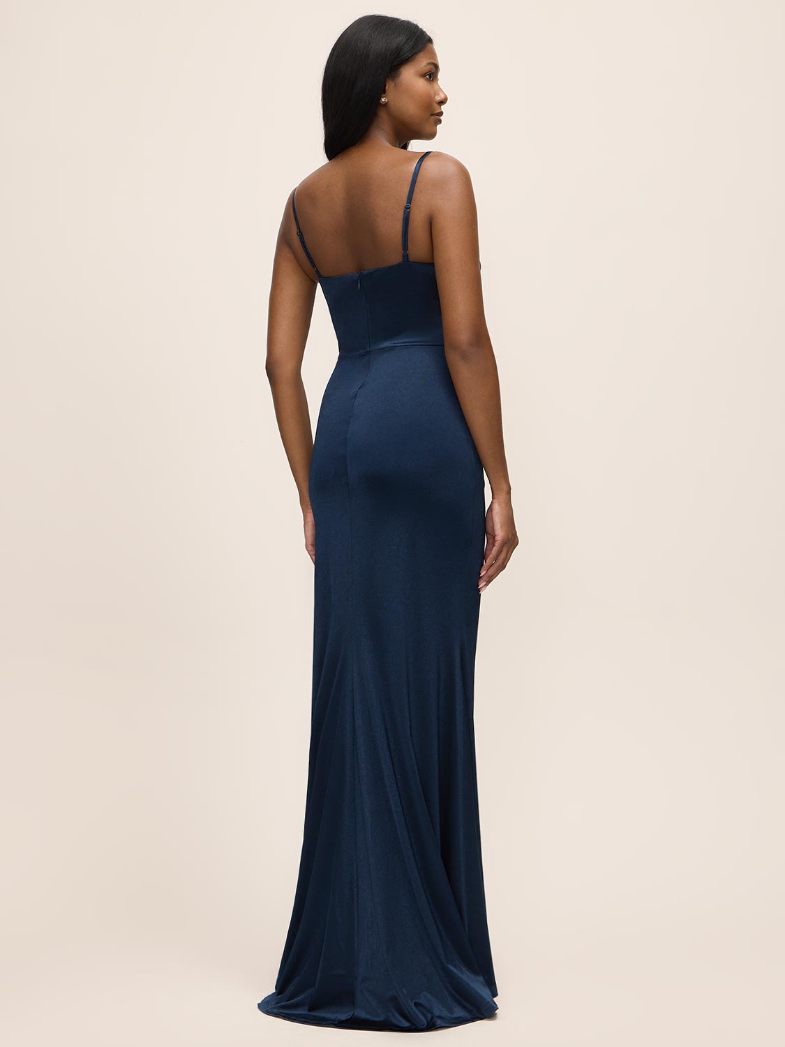 Midnight Blue Stretch Satin Gown with Bustier Upper - Back View - Le Chateau
