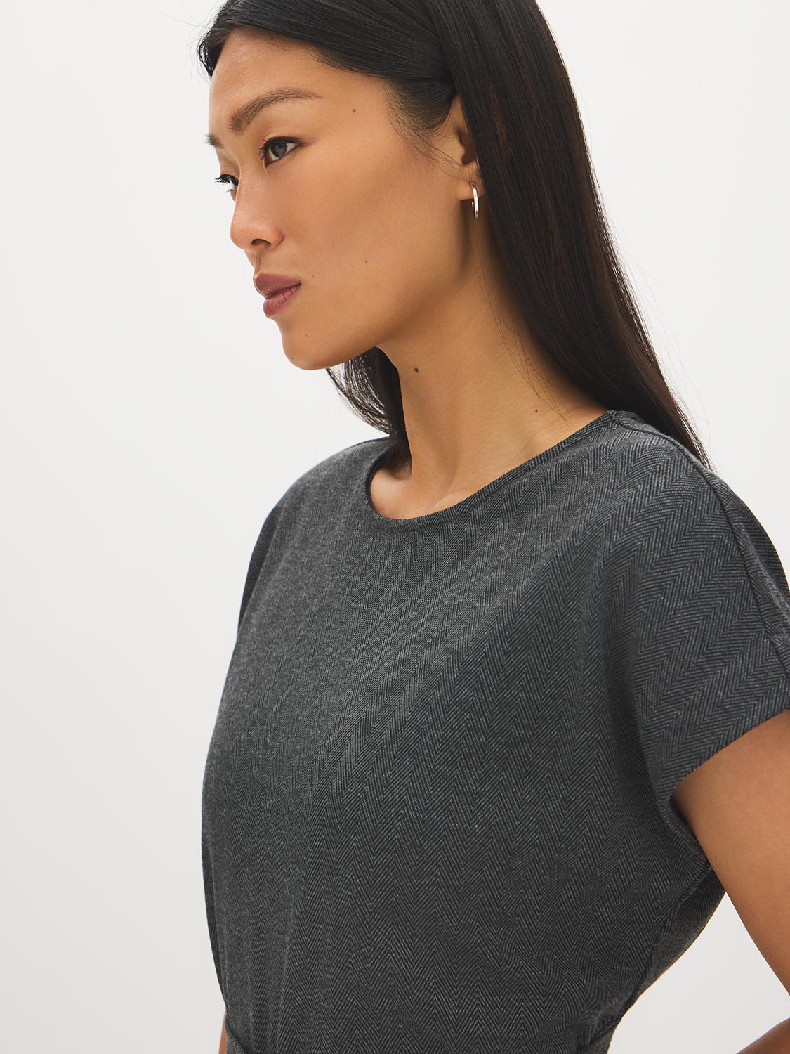 Charcoal Dolman Sleeve Jacquard Tunic Top - Close-up Fabric Detail - Suzy Shier