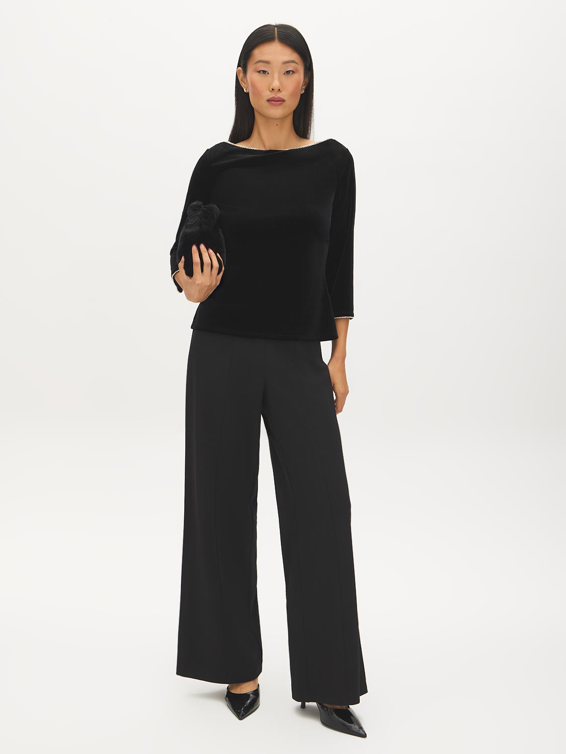 Jet Black Rhinestone Detail Velvet Boat Neck Top - Front View - Suzy Shier