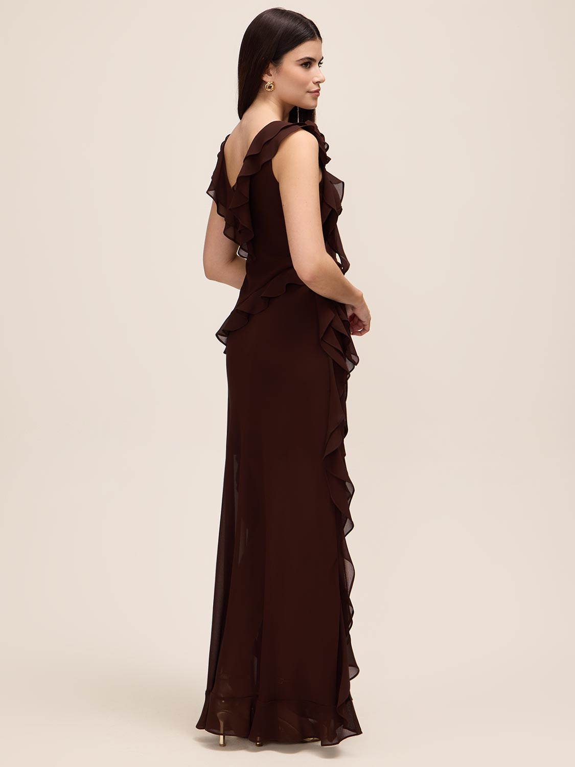 Coco Powder V-Neck Chiffon Gown with Tiered Ruffles - Woman Wearing Elegant Evening Dress - Le Chateau