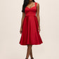 Red Satin Fit & Flare Sleeveless Midi Dress - Woman Wearing Open Back Evening Dress - Le Chateau