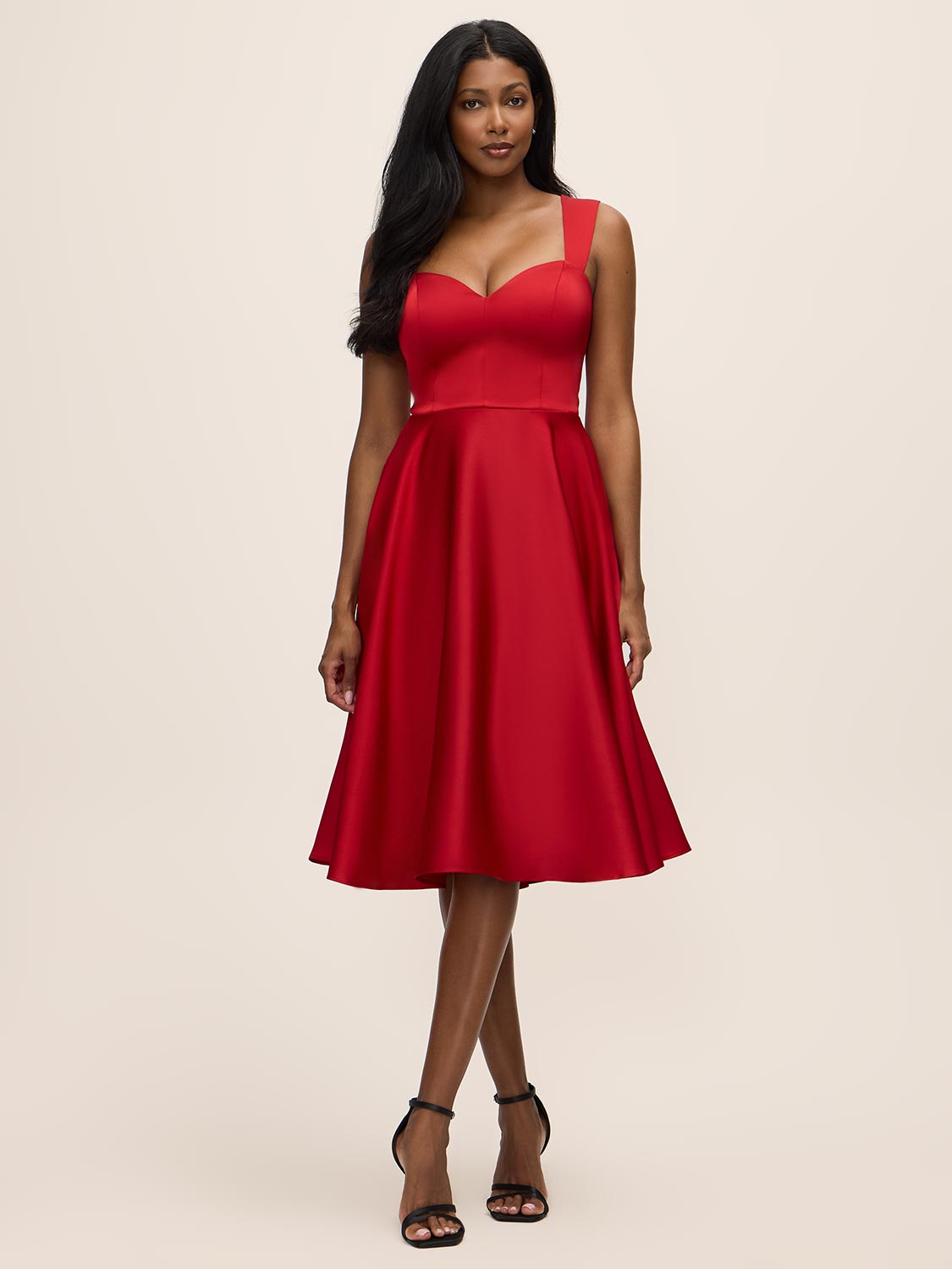 Red Satin Fit & Flare Sleeveless Midi Dress - Woman Wearing Open Back Evening Dress - Le Chateau