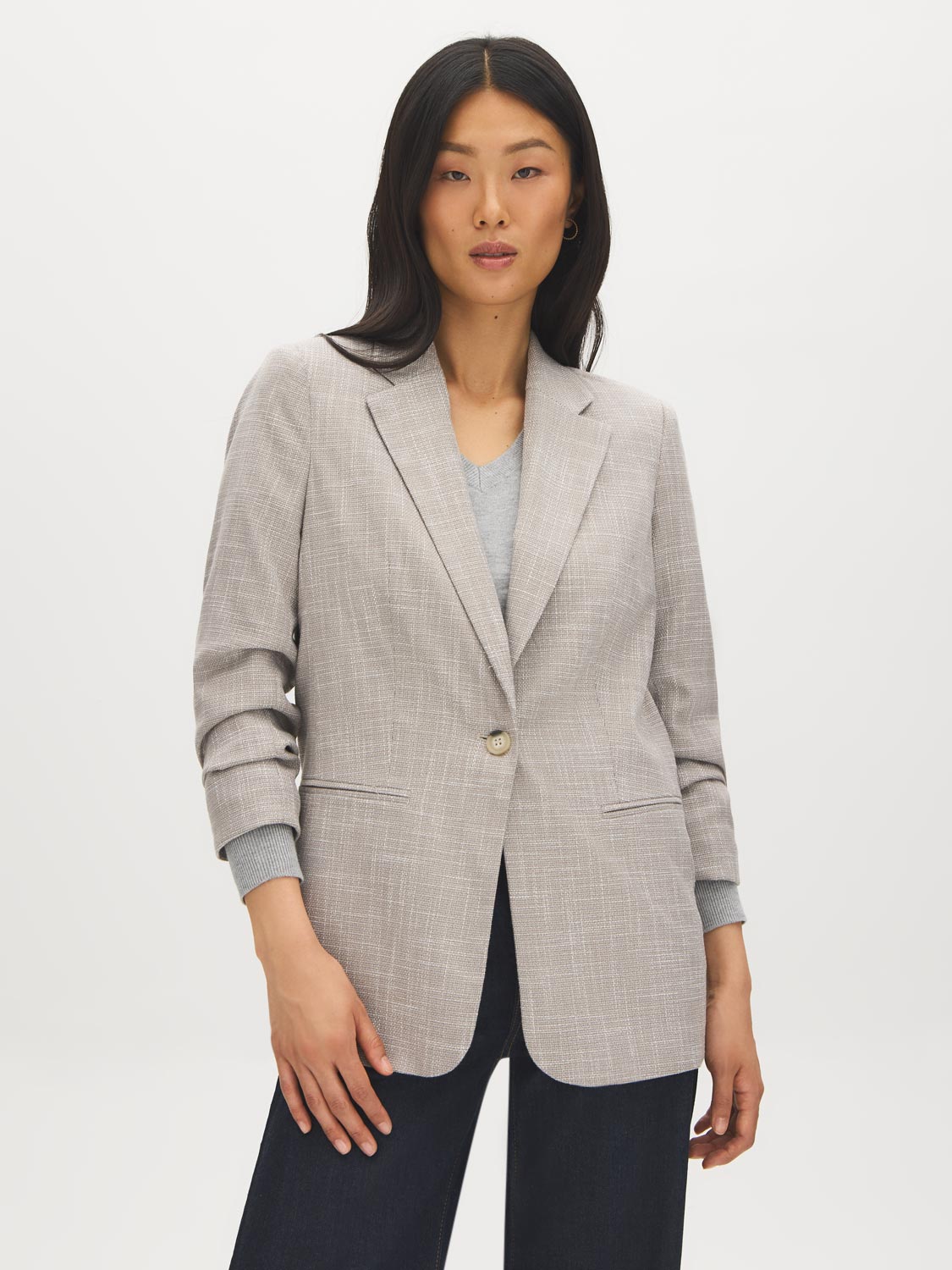 Driftwood Ruched Sleeve One-Button Blazer - Woman Wearing Tailored Blazer with Notch Collar - Suzy Shier