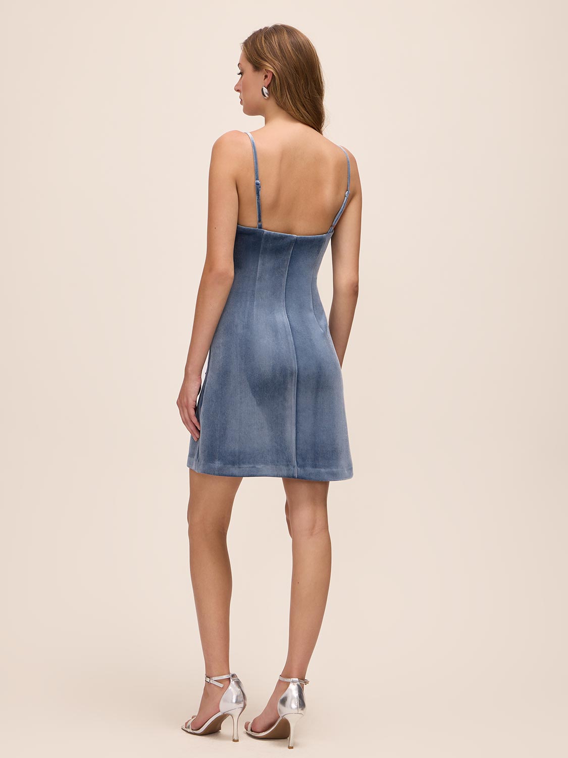 Icy Blue Strapless Velour Mini A-Line Dress - Back View - Le Chateau