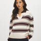 Brown/Burgundy/Dove Stripe Knit Polo Sweater - Woman Wearing Striped Knit Top - Suzy Shier