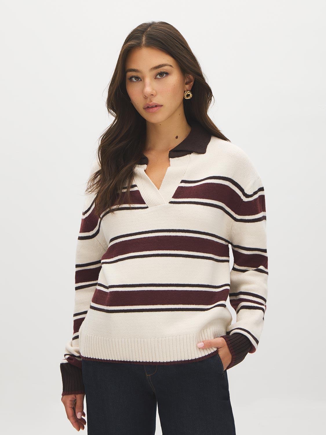 Brown/Burgundy/Dove Stripe Knit Polo Sweater - Woman Wearing Striped Knit Top - Suzy Shier