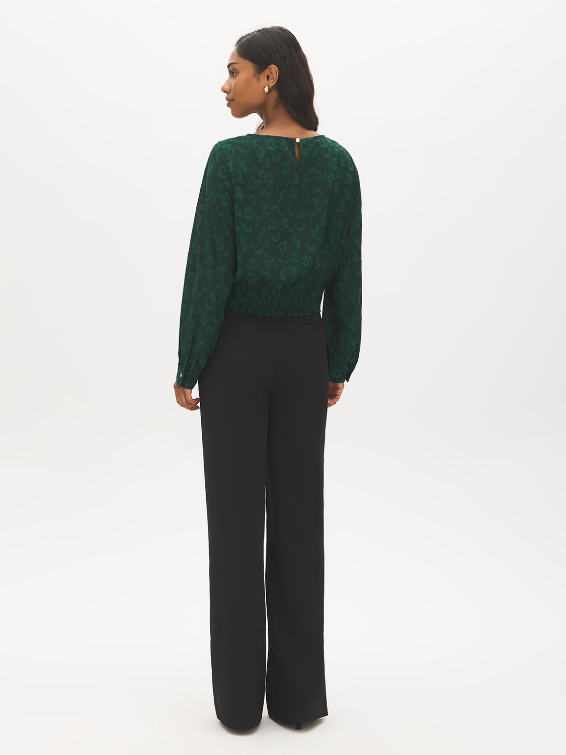 Scarab Flocked Popover Blouse with Pleated Shoulders - Back View - Suzy Shier