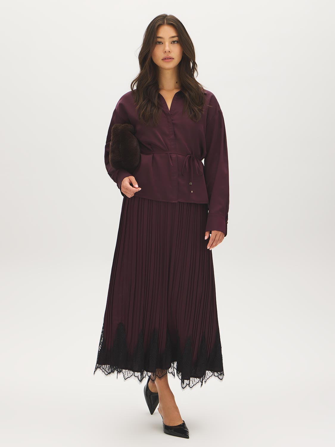 Wine Satin-Like Drop Shoulder Blouse with Waist Tie - Front View - Suzy Shier