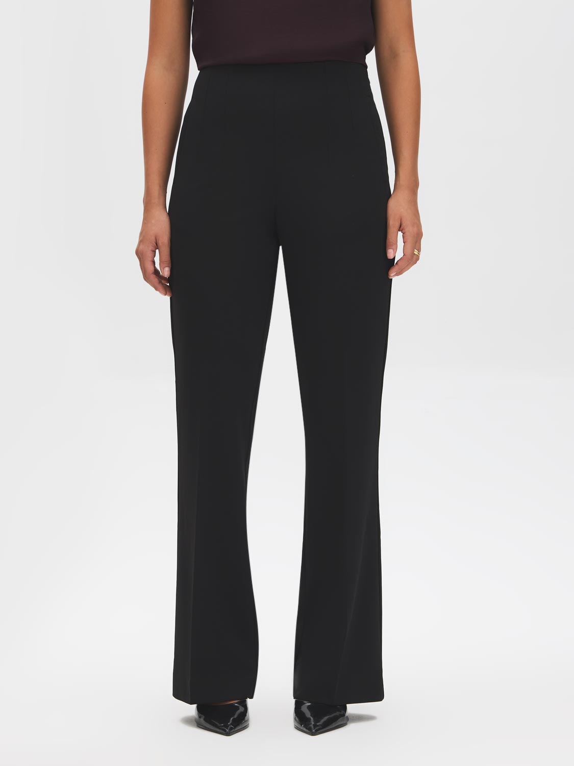 Black Seam Front Flare Leg Pants - Front View - Suzy Shier