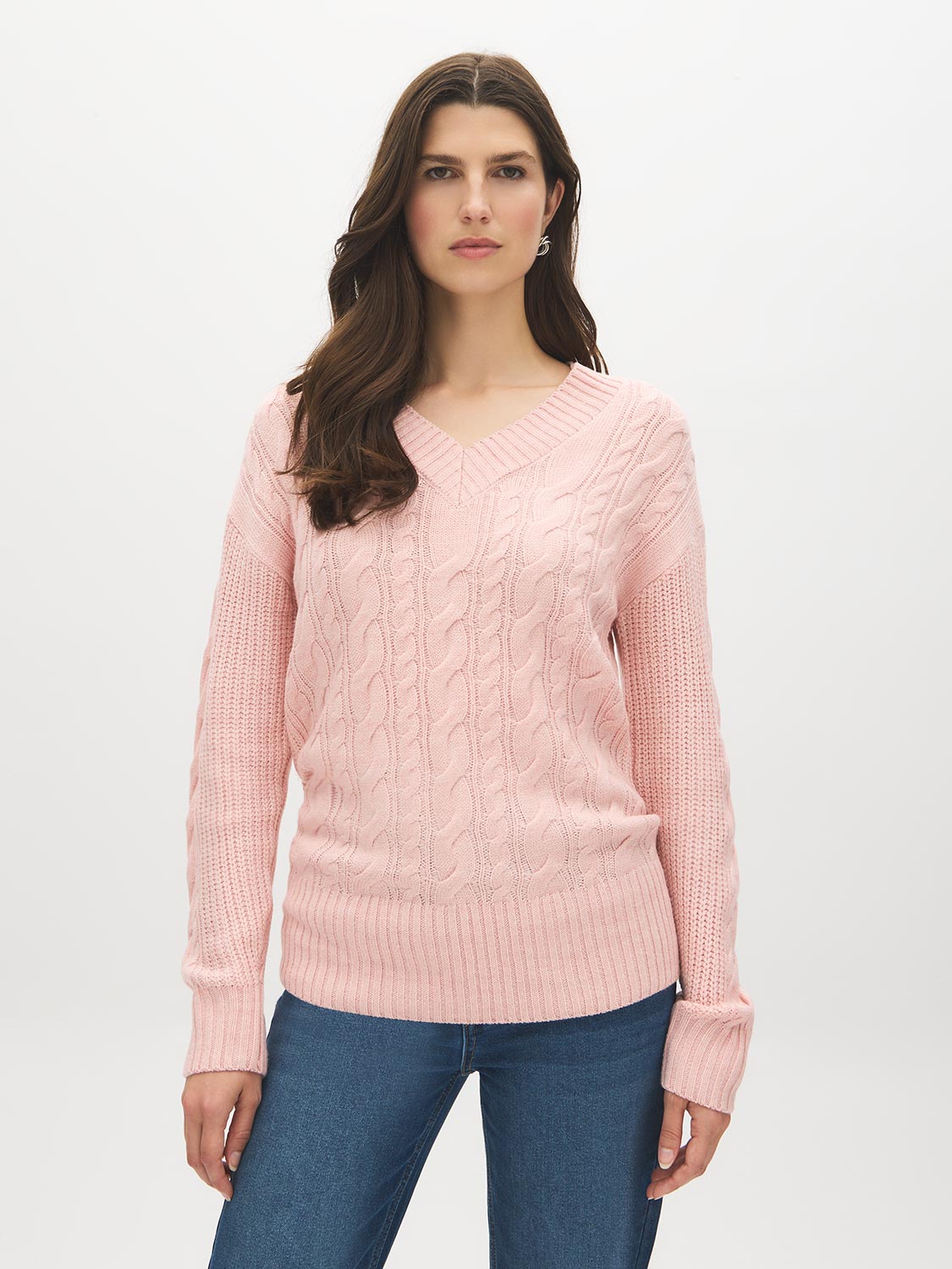 Uni Pink V-Neck Cable Knit Sweater - Woman Wearing Cozy Knit Top - Suzy Shier
