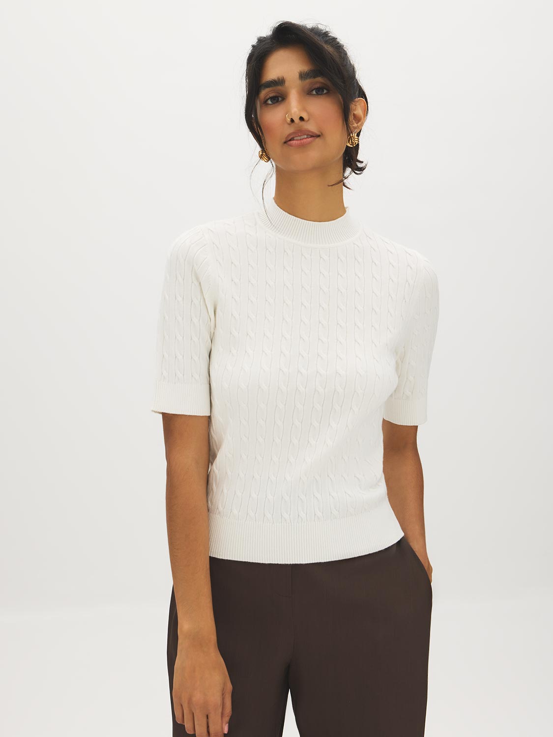 Snow White Mock Neck Cable Knit Sweater - Woman Wearing Textured Knit Top - Suzy Shier