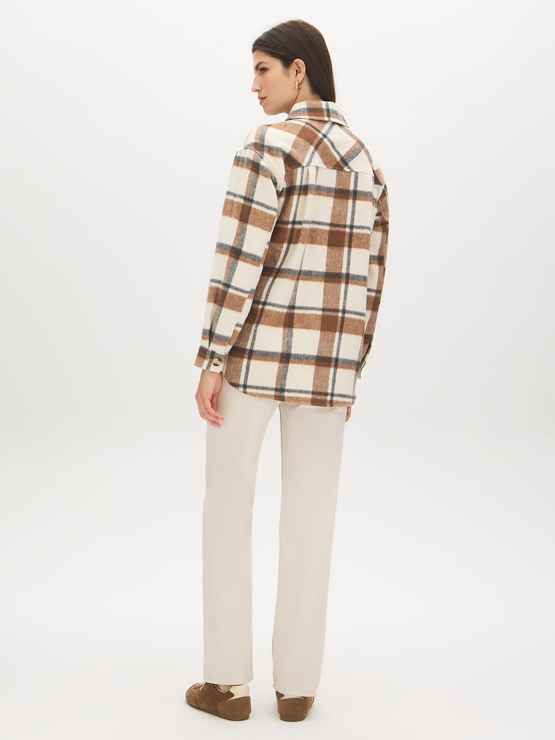 Khaki Plaid Shacket with Front Pockets - Back View - Suzy Shier