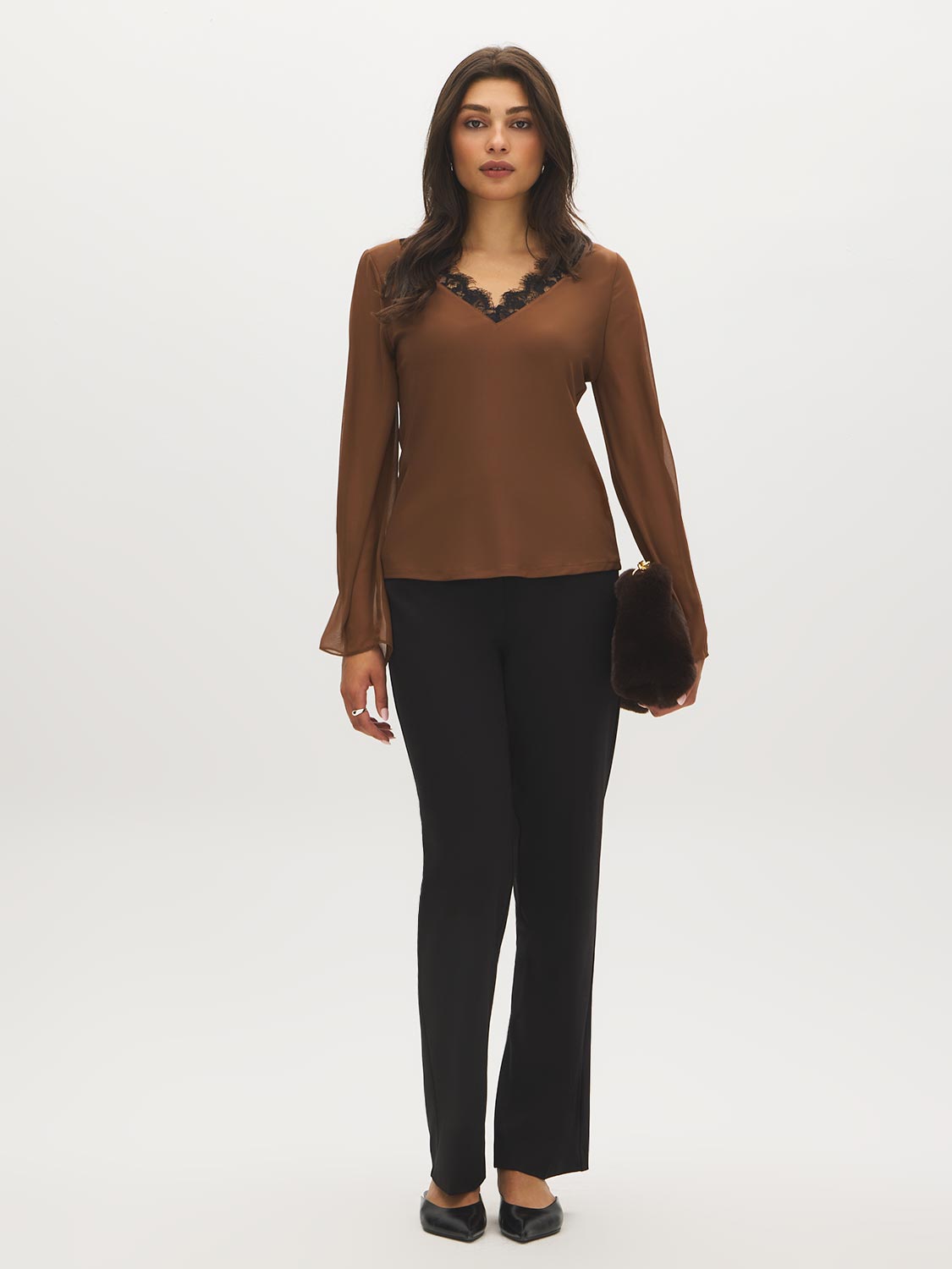 Bison V-Neck Top with Chiffon Sleeves and Lace Trim - Front View - Suzy Shier