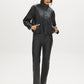 Black Faux Leather Straight Leg Pants - Woman Wearing Five-Pocket Faux Leather Trousers - Suzy Shier