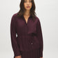 Wine Satin-Like Drop Shoulder Blouse with Waist Tie - Woman Wearing Elegant Long Sleeve Top - Suzy Shier
