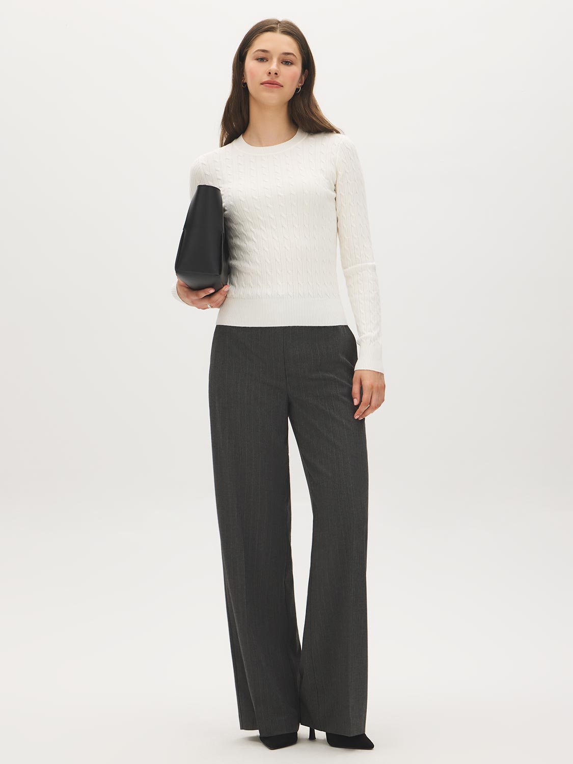 Snow White Cable Knit Crew Neck Sweater - Front View - Suzy Shier