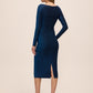 Sapphire/Black Lurex Sparkle Knit Cowl Neck Dress - Back View - Le Chateau